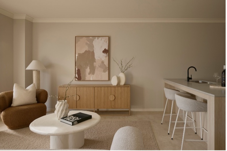 Completed Interior – Elwood by Azure Completed living area interior at Elwood by Azure — bathroom and kitchen tapware supplied by Builders World, Mango Hill QLD